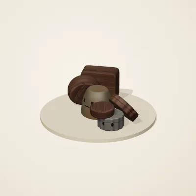 The six parts of Forgotten Machinery No. 16 in a loose pile on a round stand