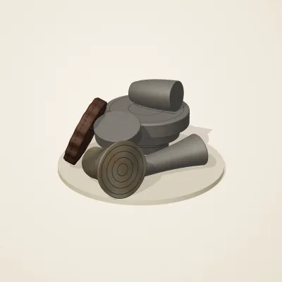 The six parts of Forgotten Machinery No. 17 in a loose pile on a round stand