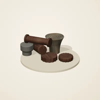 The six parts of Forgotten Machinery No. 19 in a loose pile on a round stand