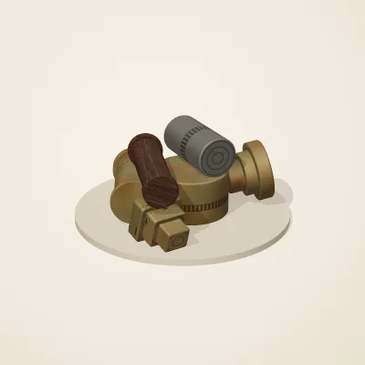The six parts of Forgotten Machinery No. 20 in a loose pile on a round stand