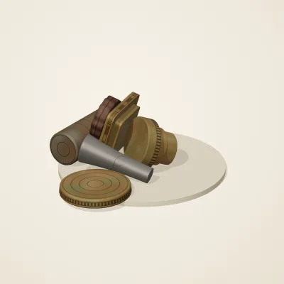 The six parts of Forgotten Machinery No. 23 in a loose pile on a round stand