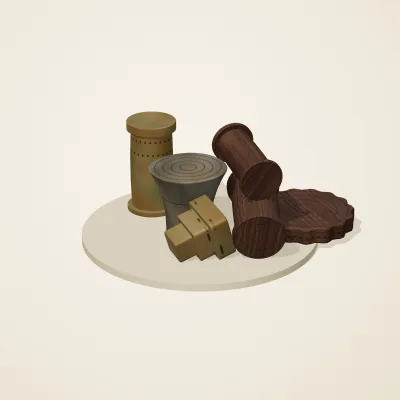 The six parts of Forgotten Machinery No. 31 in a loose pile on a round stand