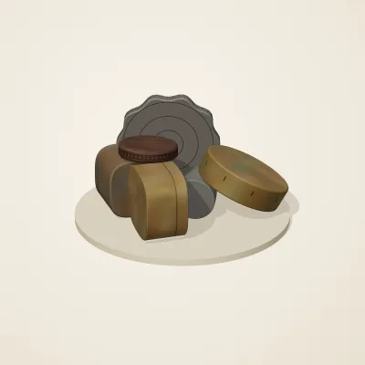 The six parts of Forgotten Machinery No. 32 in a loose pile on a round stand