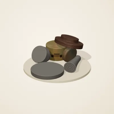 The six parts of Forgotten Machinery No. 35 in a loose pile on a round stand