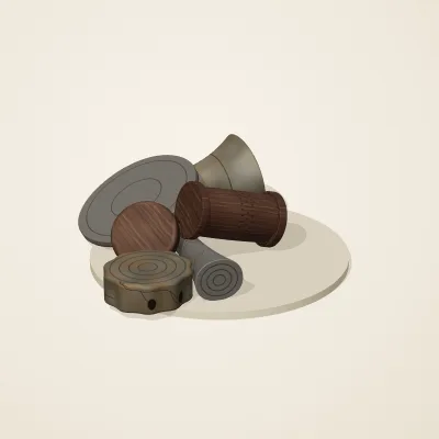 The six parts of Forgotten Machinery No. 36 in a loose pile on a round stand