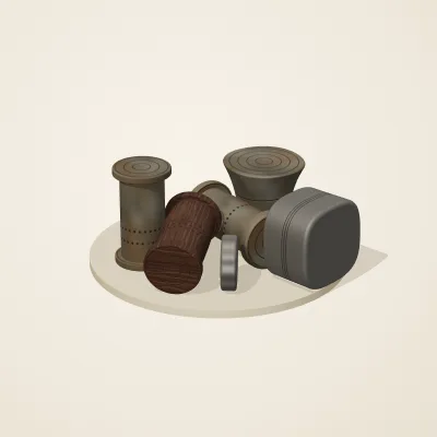 The six parts of Forgotten Machinery No. 37 in a loose pile on a round stand