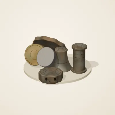 The six parts of Forgotten Machinery No. 38 in a loose pile on a round stand